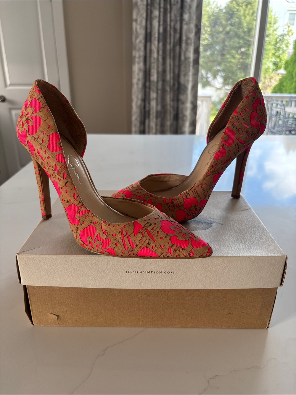 Jessica Simpson Hot Pink Floral Cork-Pattern Pointed-Toe Pumps